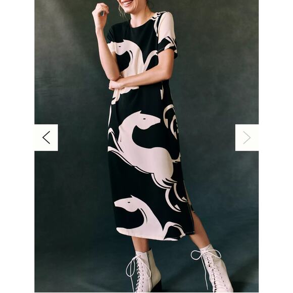Corey Lynn Calter “Caballos” Horse Print Midi Dress Black & Cream – Size XS - Picture 1 of 10